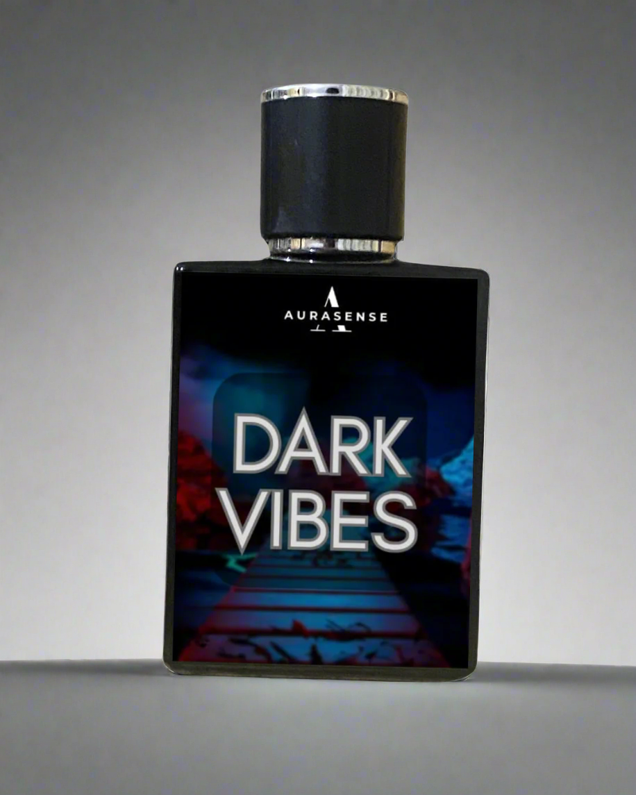 Perfume bottle labeled 'Dark Vibes' by Aurasense on a white background